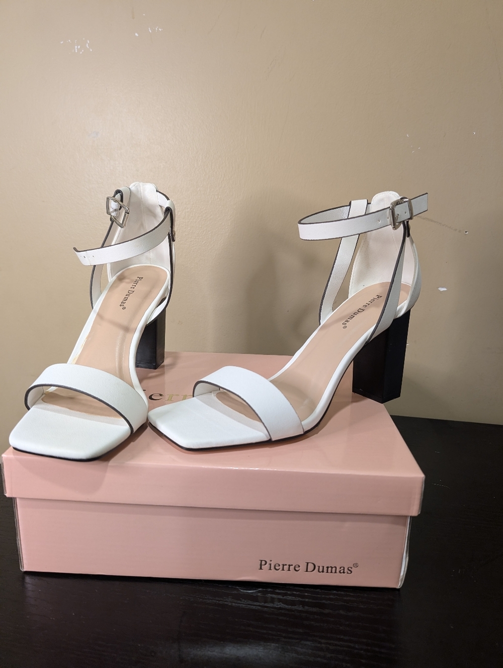 Pierre Dumas "Jane-1" Block Heel Sandals | White | Size 8